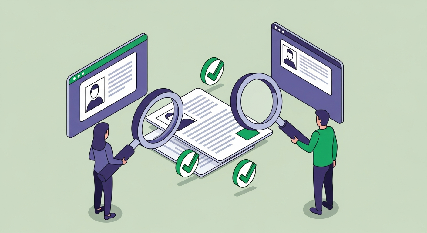 Two magnifiers of different sizes examining the same document from opposite sides, with checkmarks on both sides representing ATS and recruiter approval