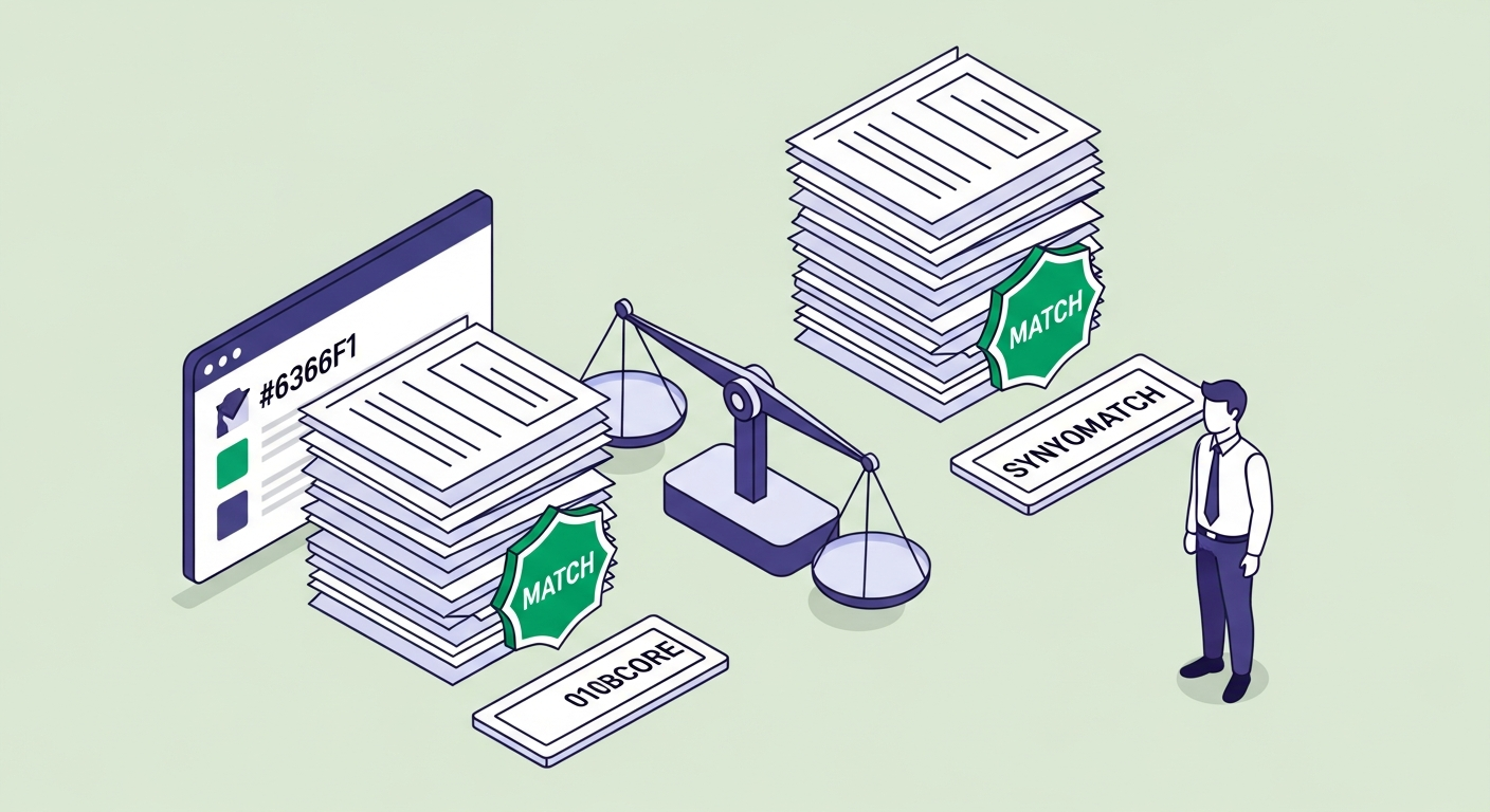 Two identical document stacks side by side with a connecting scale tilted to show one with a green match badge and one with an empty zero-score slot