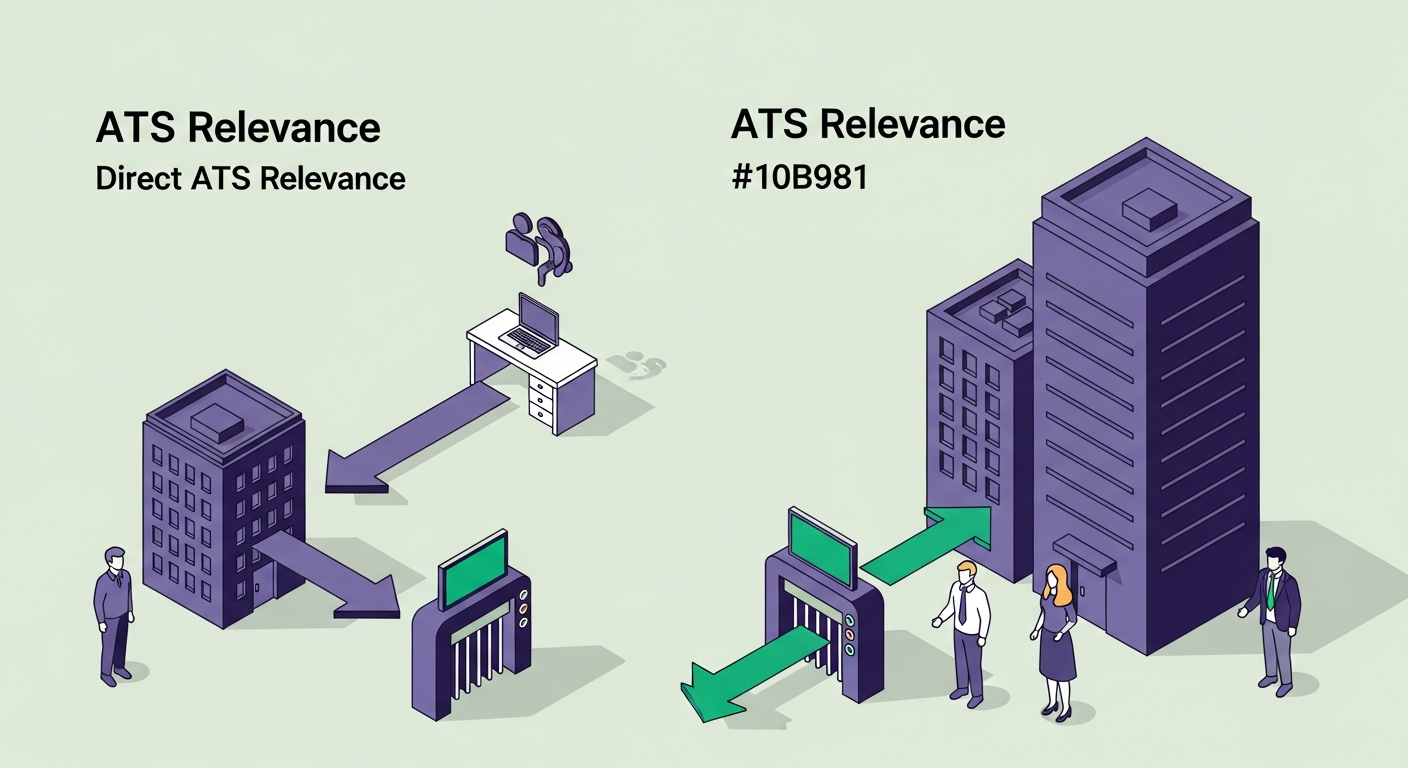 Small building with a direct arrow path to a desk icon bypassing an ATS machine gate, and a large building with an arrow going through the gate filter