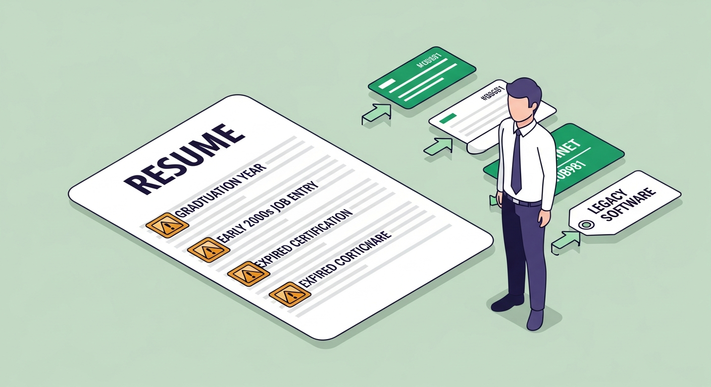Resume with four highlighted warning zones marking graduation year, early career jobs, outdated certifications, and legacy software, each with a removal arrow and modern replacement card