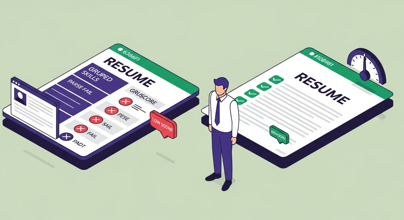 Two resume blueprints side by side: functional format with a grey low-score badge on the left, reverse-chronological single-column format with a green high-score badge on the right