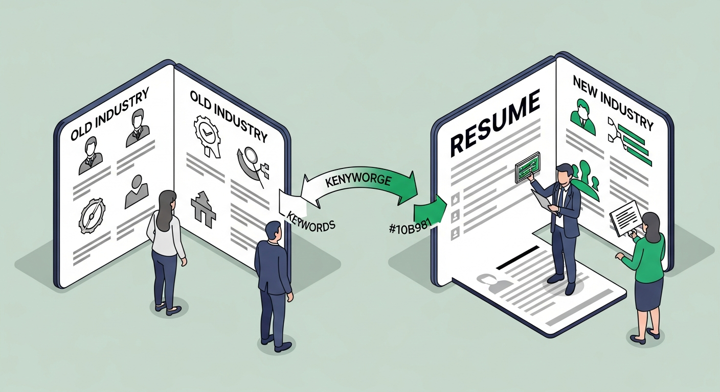 Split resume card showing old-industry vocabulary on one side and new-industry ATS keywords on the other, with translation arrows bridging the gap
