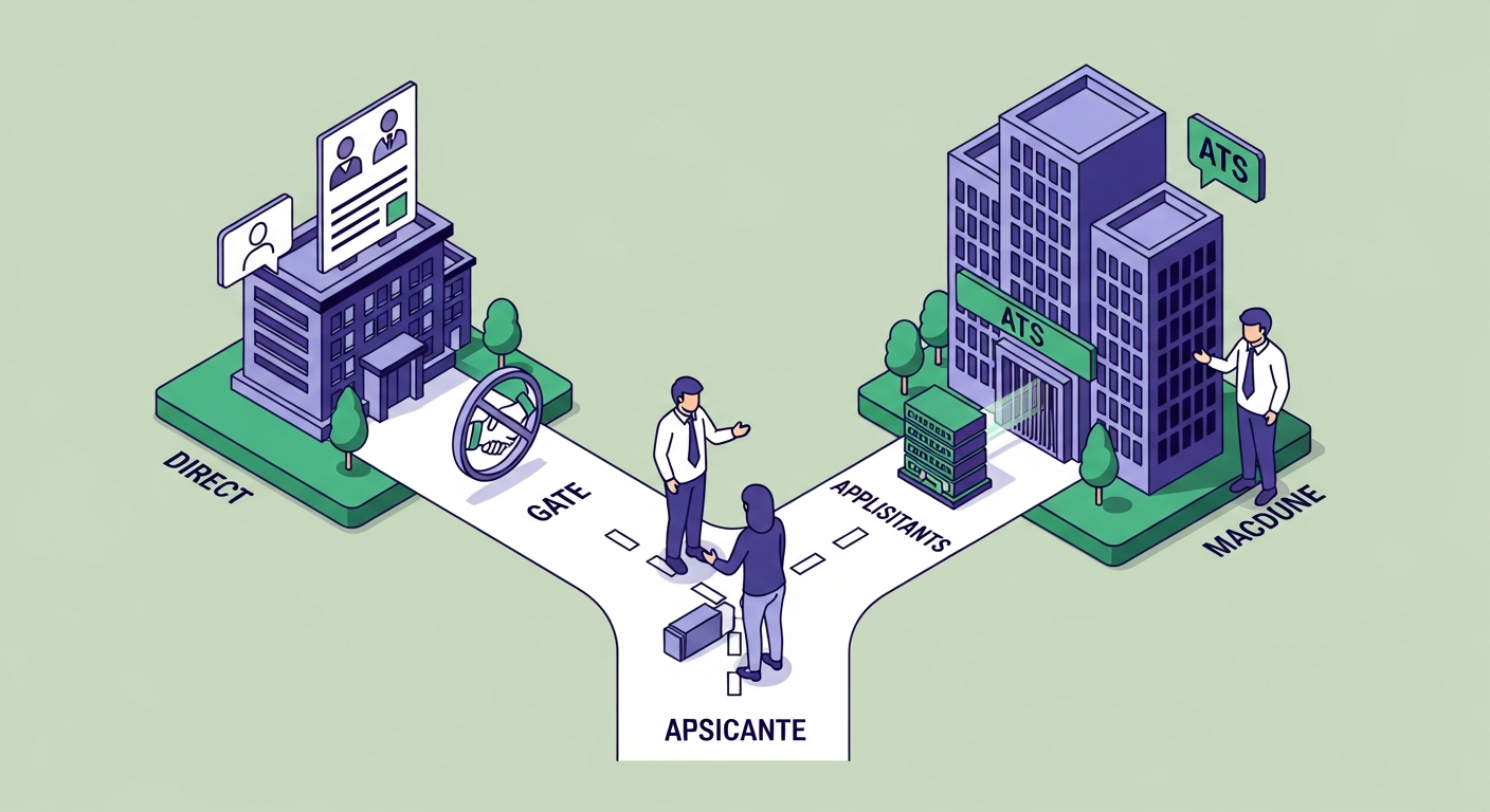 Fork in a road with a small building on one path showing a direct handshake icon, and a large corporate building on the other path showing an ATS server machine gate