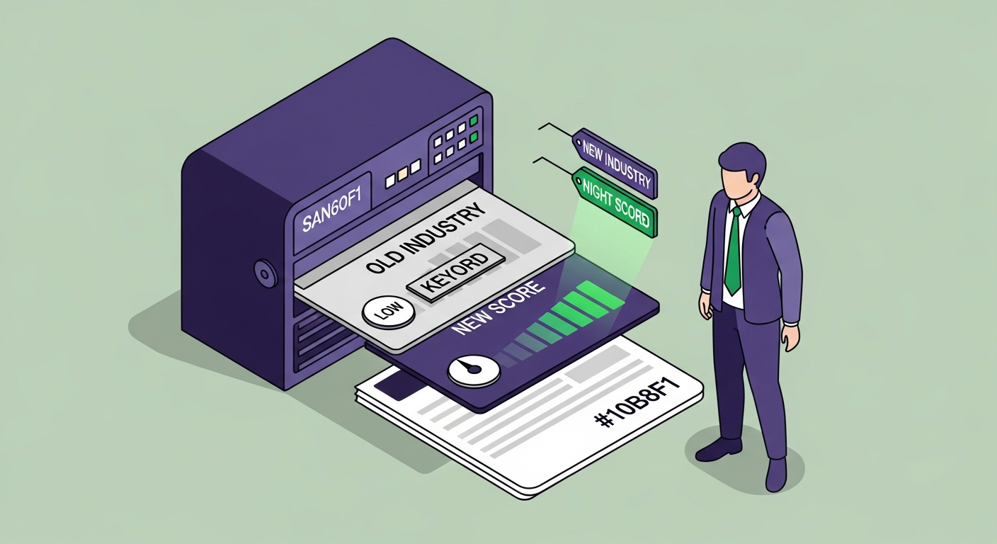 Server scoring machine scanning two resumes — one with grey old-industry tags and a low score dial, one with glowing new-industry tags and a high score dial