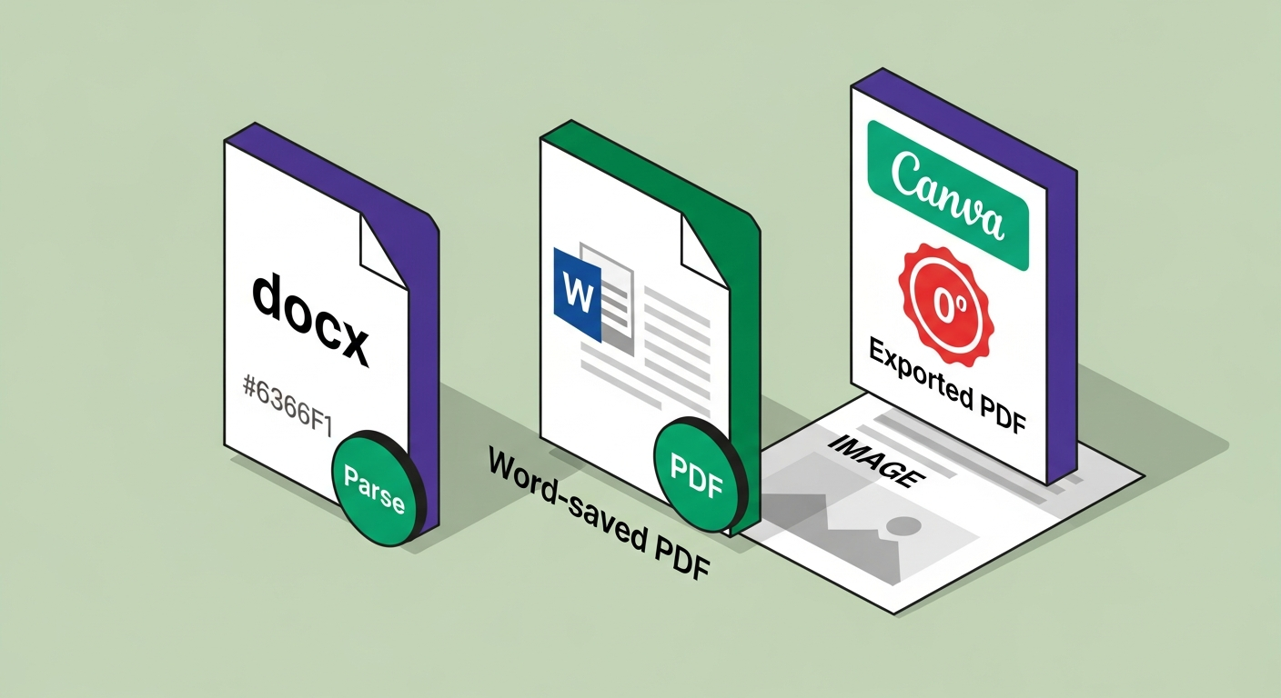File format comparison showing .docx and text-selectable PDF with green parse-success badges versus image-based Canva PDF with red zero-score badge