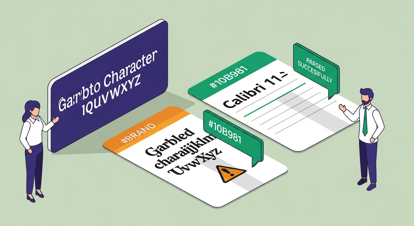 Font comparison card showing standard Calibri 11pt with green score badge versus decorative custom font with garbled character warning