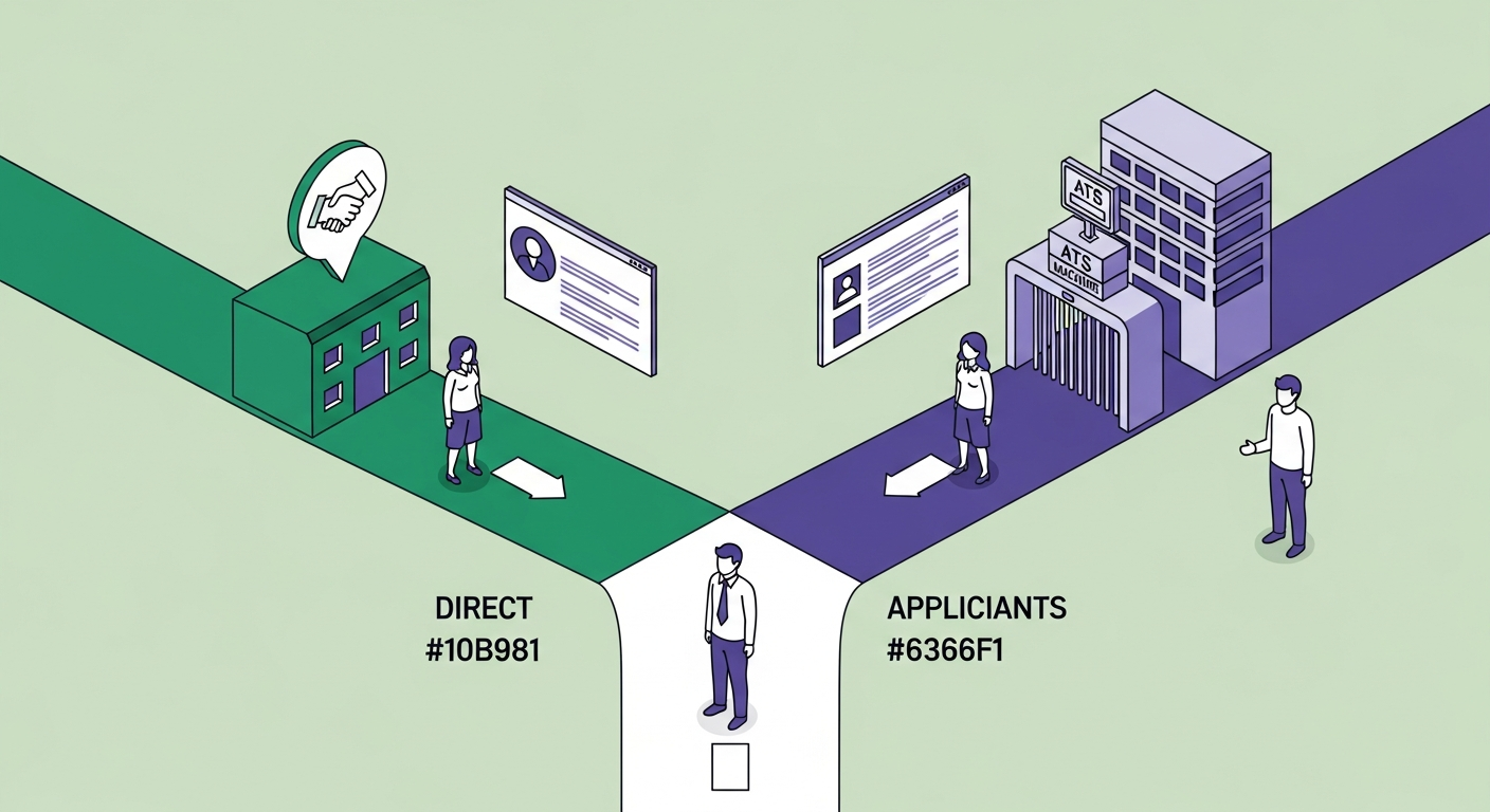 Fork-in-road diagram showing large companies with ATS machine gate on one path and small companies with direct human path on the other