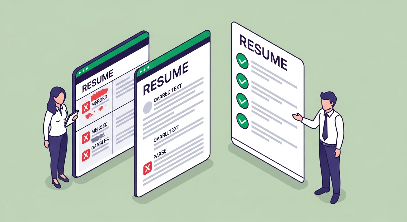Two resume document layouts side by side — left showing column and text box structure with red parse failure badges, right showing clean single-column layout with green score badges