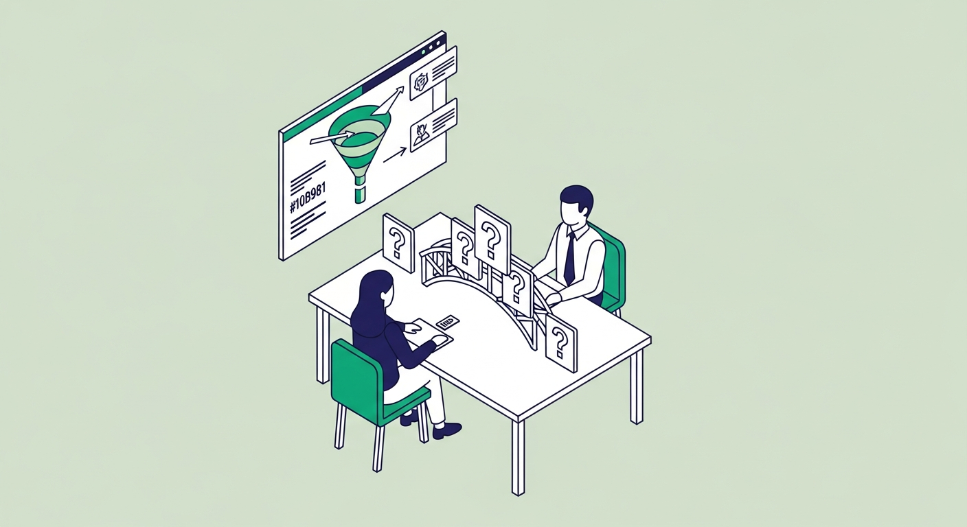 Flat isometric scene of two figures at a table with question-mark cards and decision arrows between them