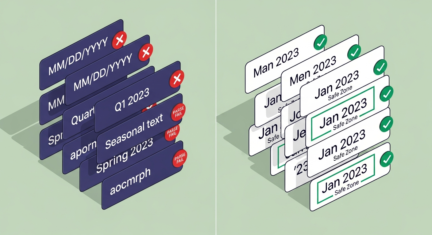 Comparison of date formats that parse correctly versus date formats that fail ATS parsers