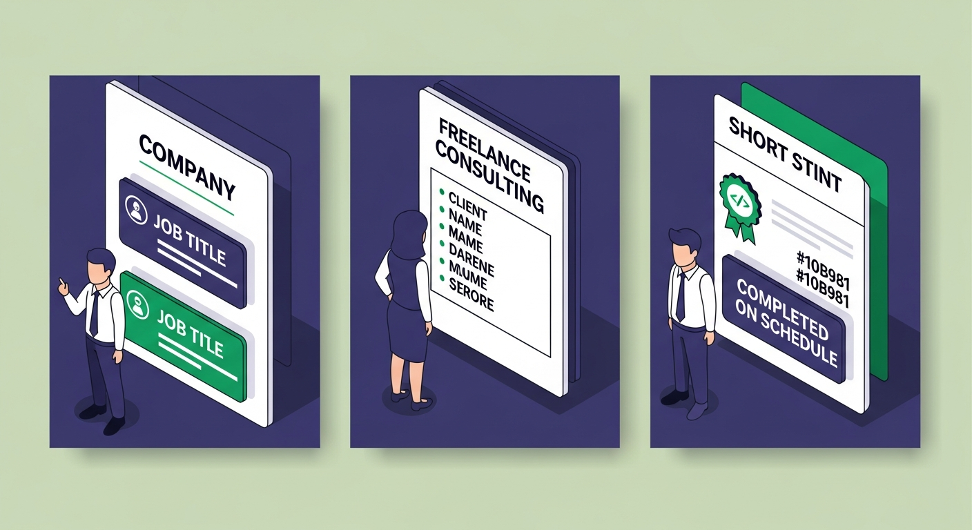 Work history entries for multiple roles at one company, freelance, and short contracts