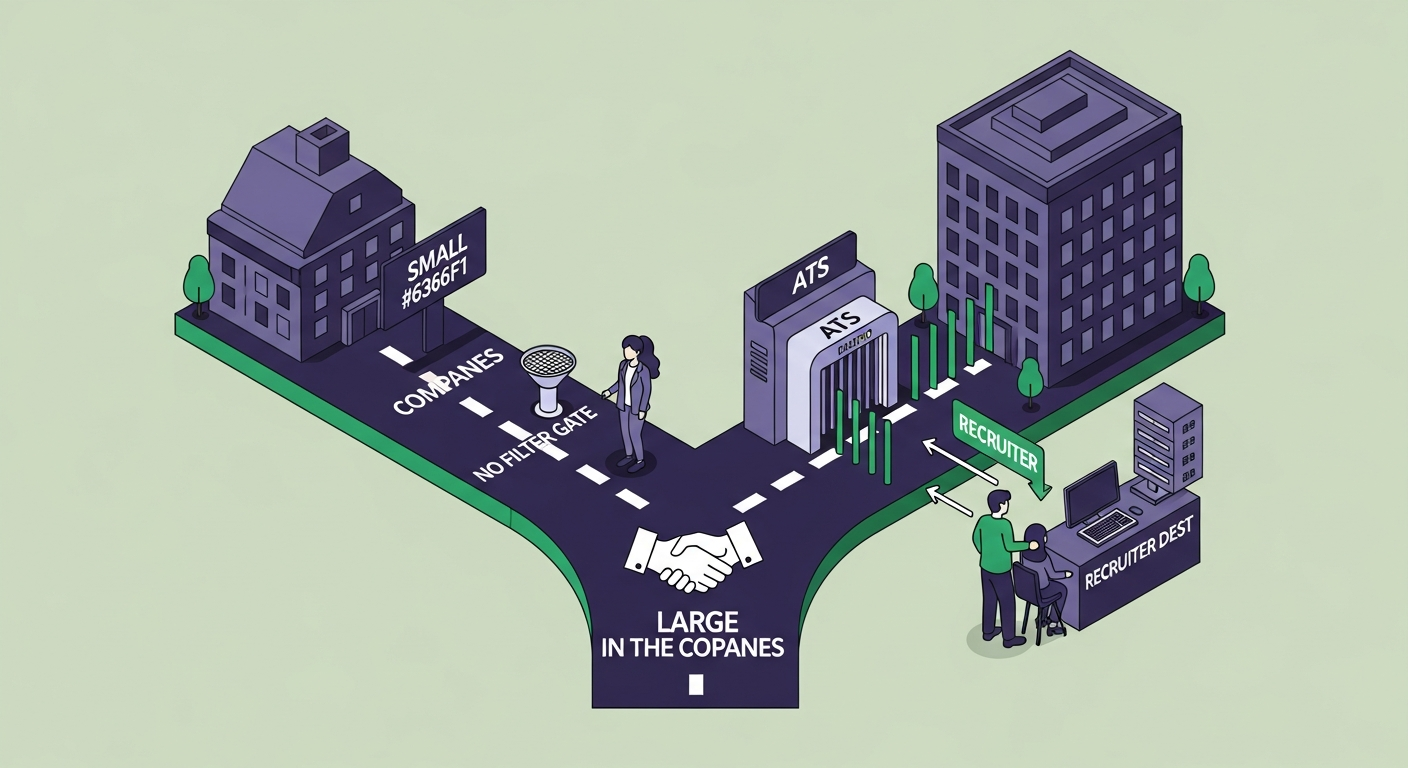 Fork in road showing small company direct path versus large company ATS gate path
