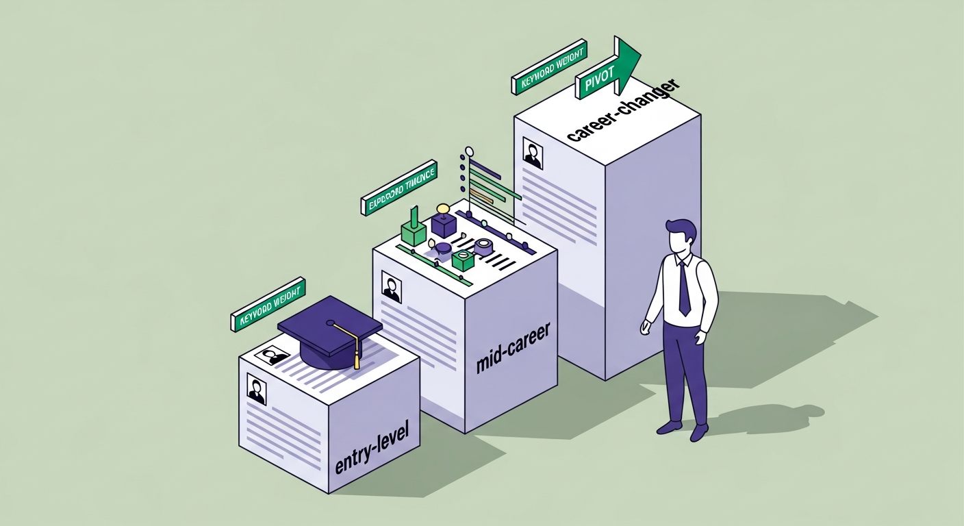 Three document stack columns side by side for entry-level, mid-career, and career-changer stages with different keyword emphasis weights in each