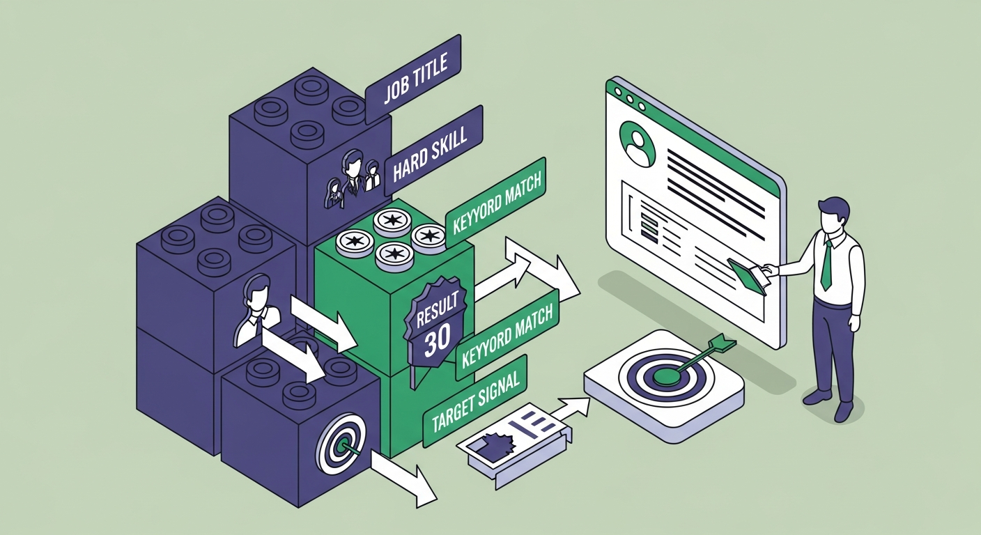 Resume professional summary with four labeled building blocks: job title, hard skills, quantified result, and target role signal