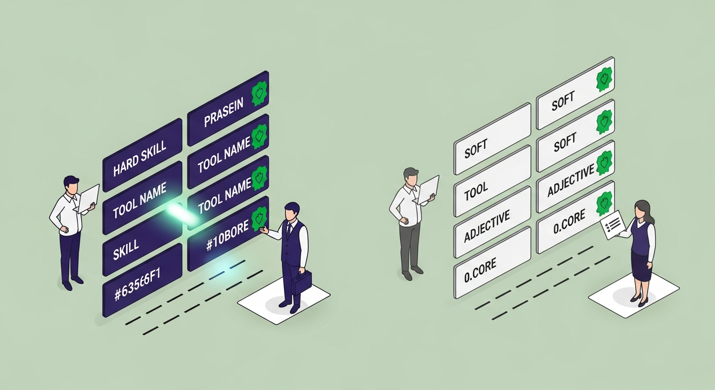 Two columns of keyword tags — left column with hard skill names glowing in accent color with score badges, right column with soft adjectives faded grey with zero-score dashes