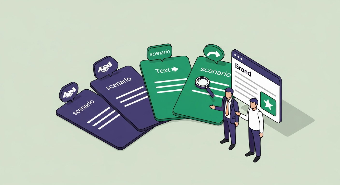 Four document cards fanned out with scenario badges representing different cover letter closing situations