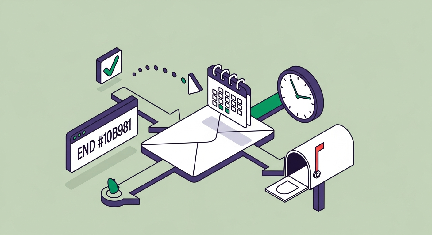 Sealed envelope with an arrow pointing toward a calendar meeting icon, representing a cover letter closing that prompts action