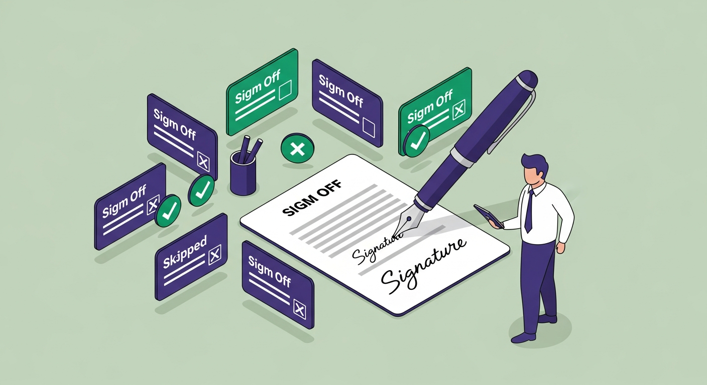 Fountain pen writing a signature on a formal document with business card tokens showing sign-off options