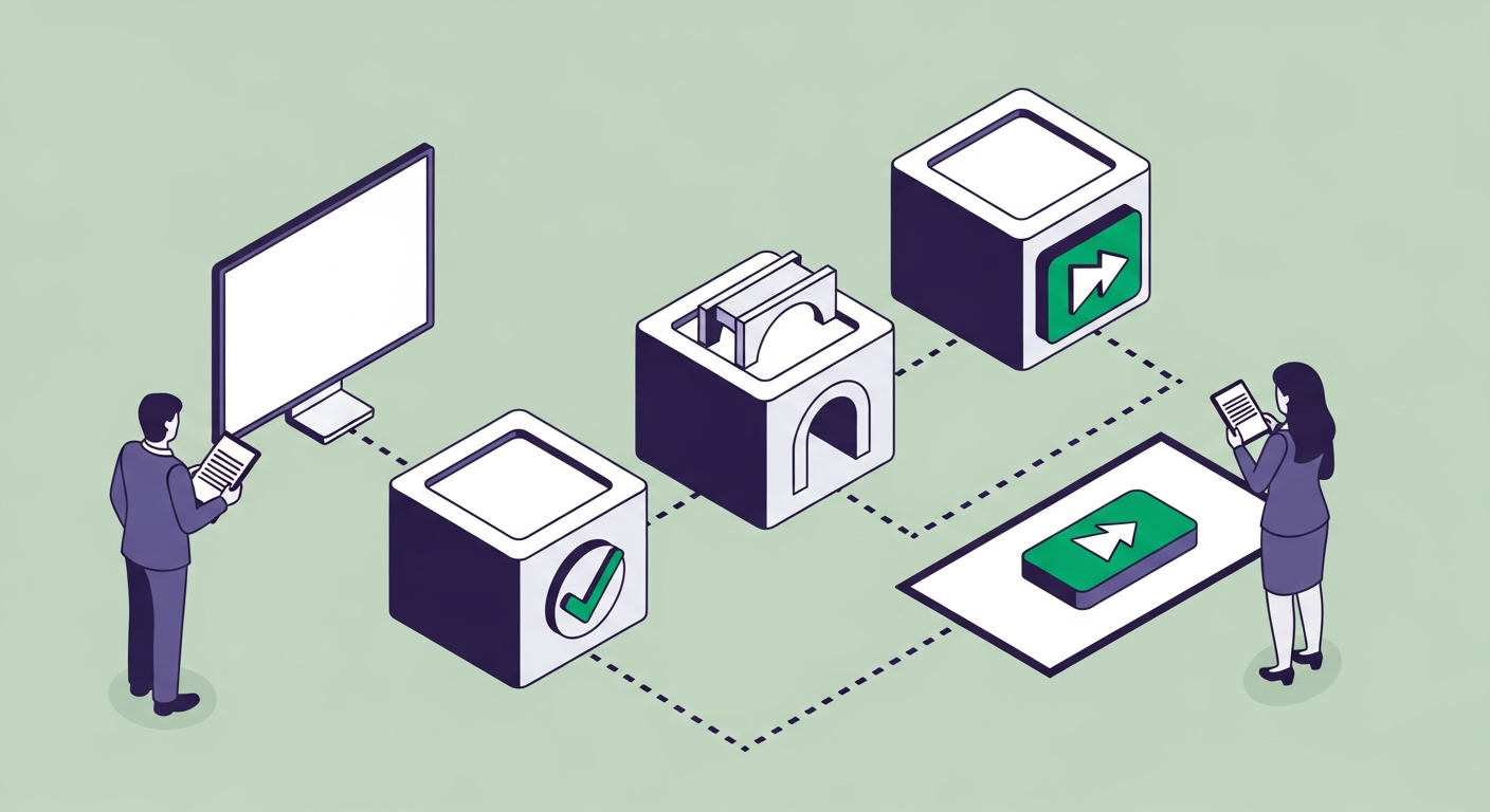 Three building blocks on a desk connected by a dotted pipeline representing thank-you, fit statement, and call to action