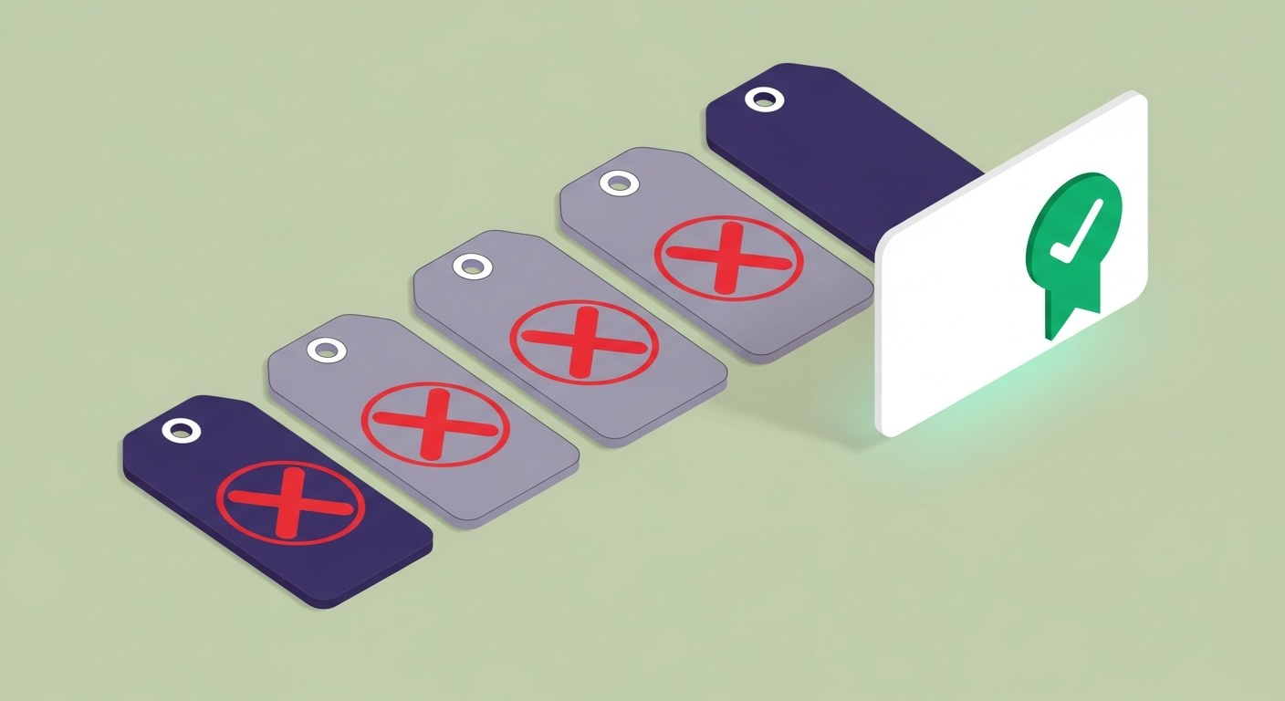 Five crossed-out phrase cards with red X marks contrasted against a single clean green card with a checkmark