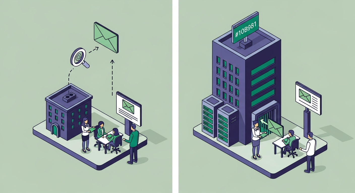 Two building icons side by side — small building with direct envelope-to-desk path, large building with ATS machine gate