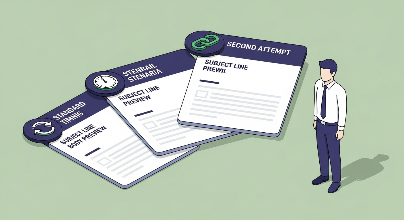 Three email template cards for different follow-up scenarios: standard, referral, and second attempt