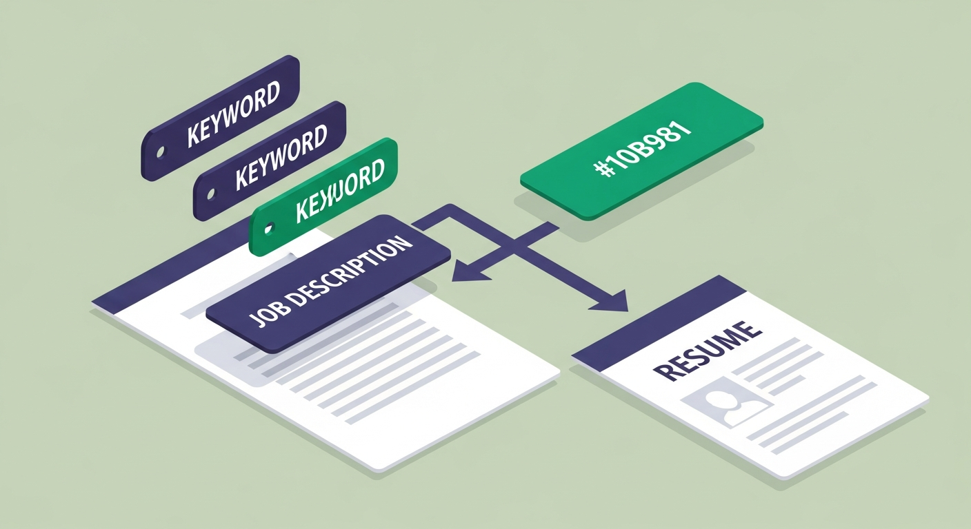 Close-up of a keyboard with highlighted keys representing resume keyword selection