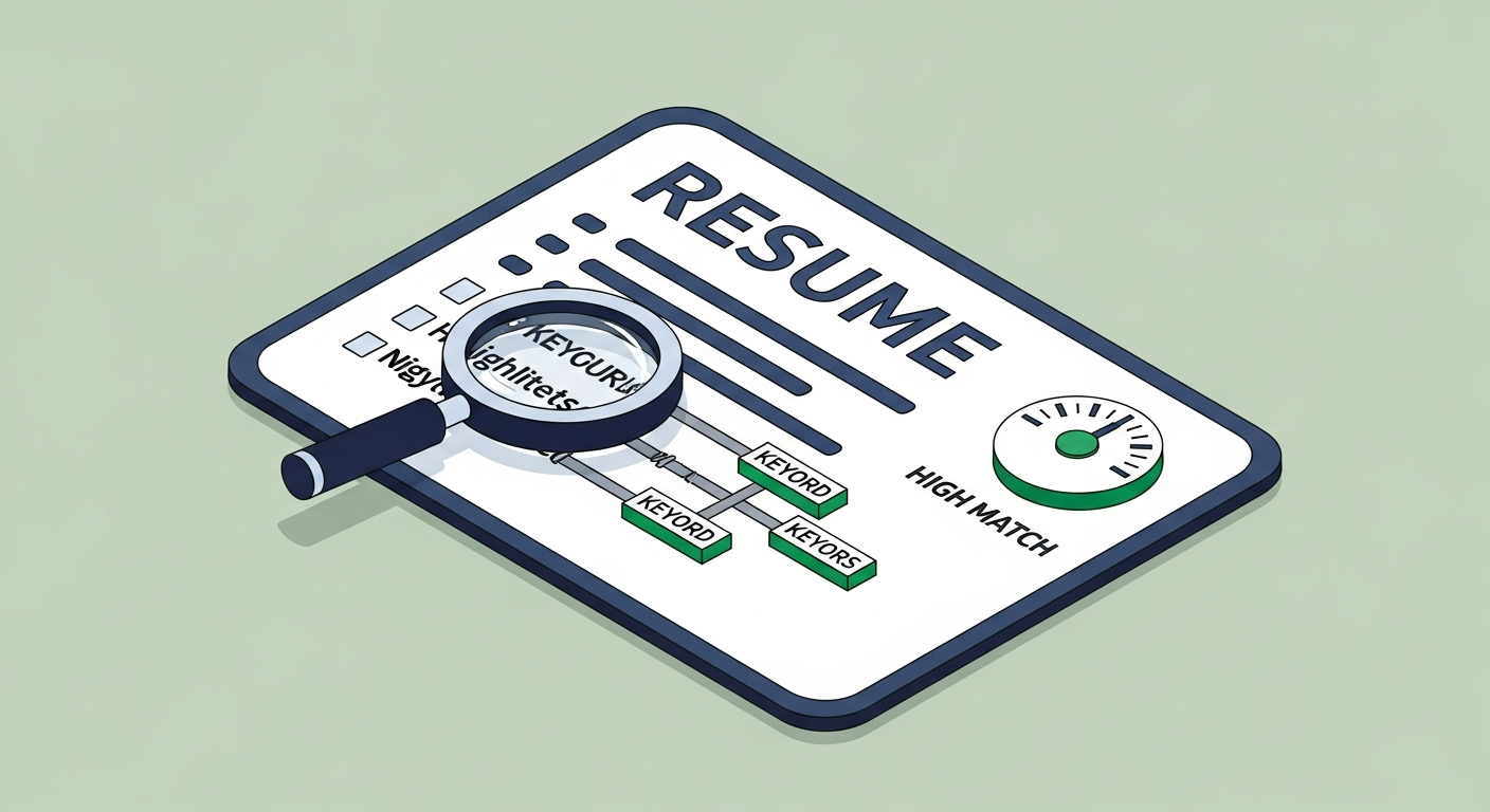Python resume summary block with keyword tags woven through each sentence and a score meter showing high match