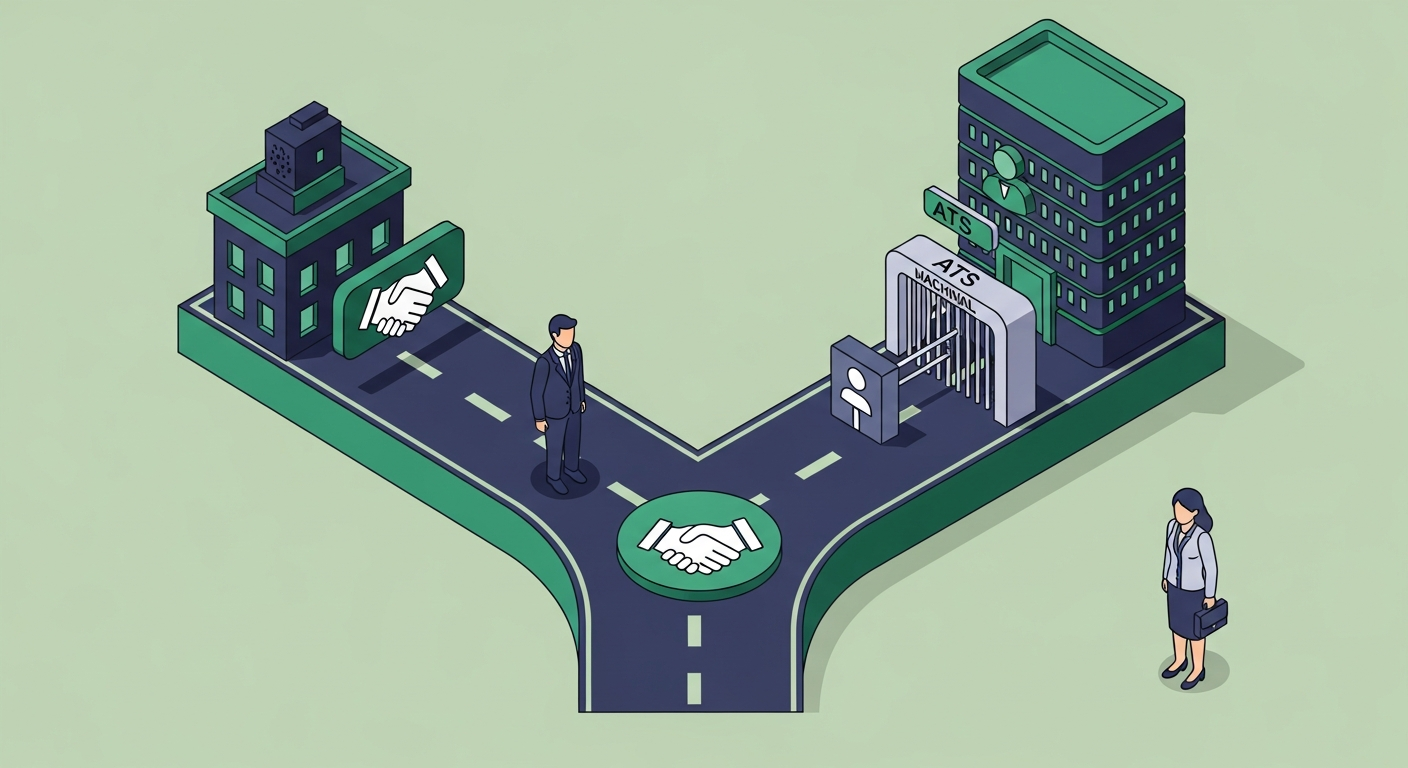 Fork-in-road diagram showing ATS-heavy corporate hiring path vs. direct referral and startup path for Python roles