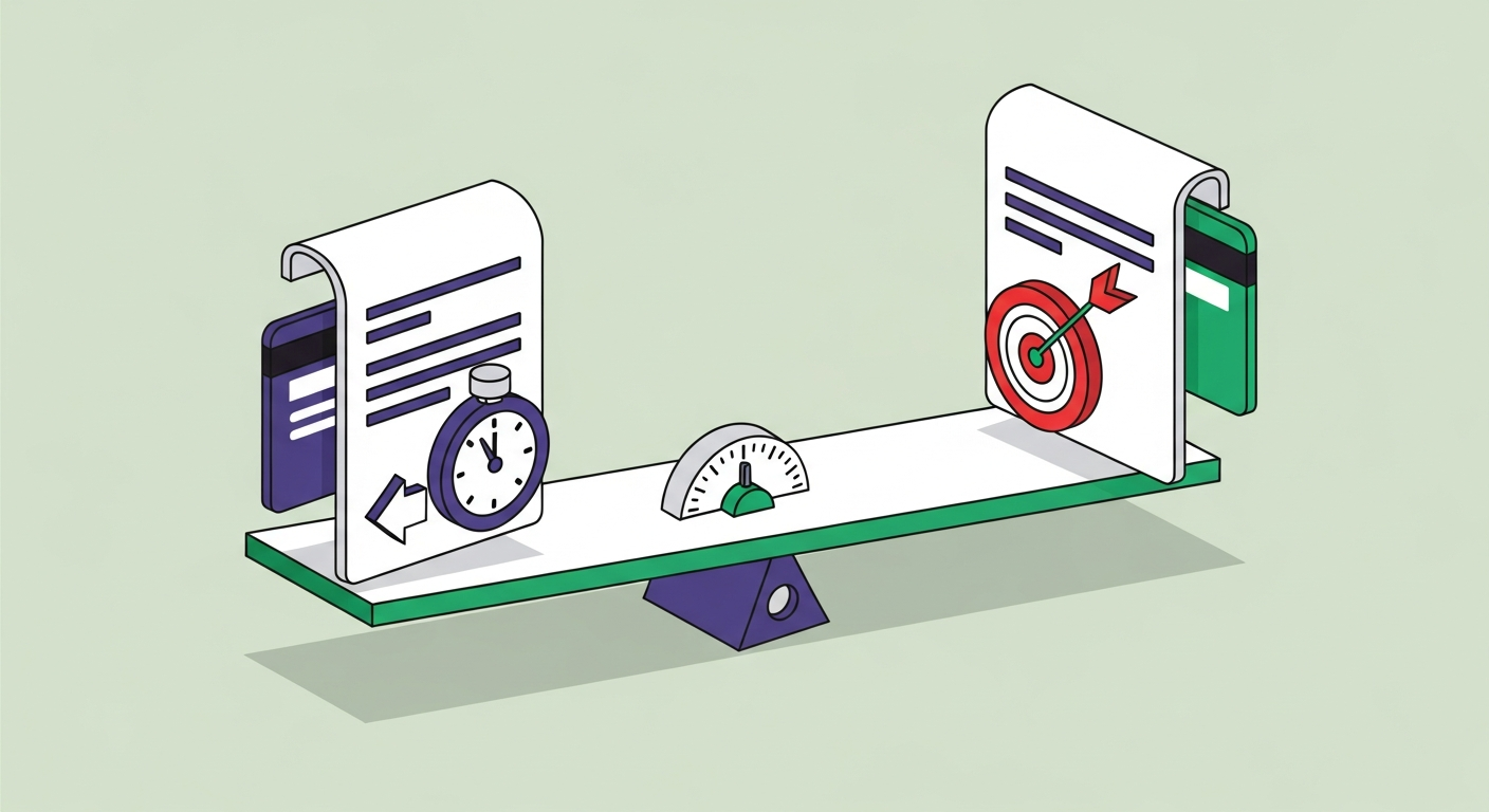 Objective vs. summary — two document cards on a scale, one pointing backward and one pointing forward