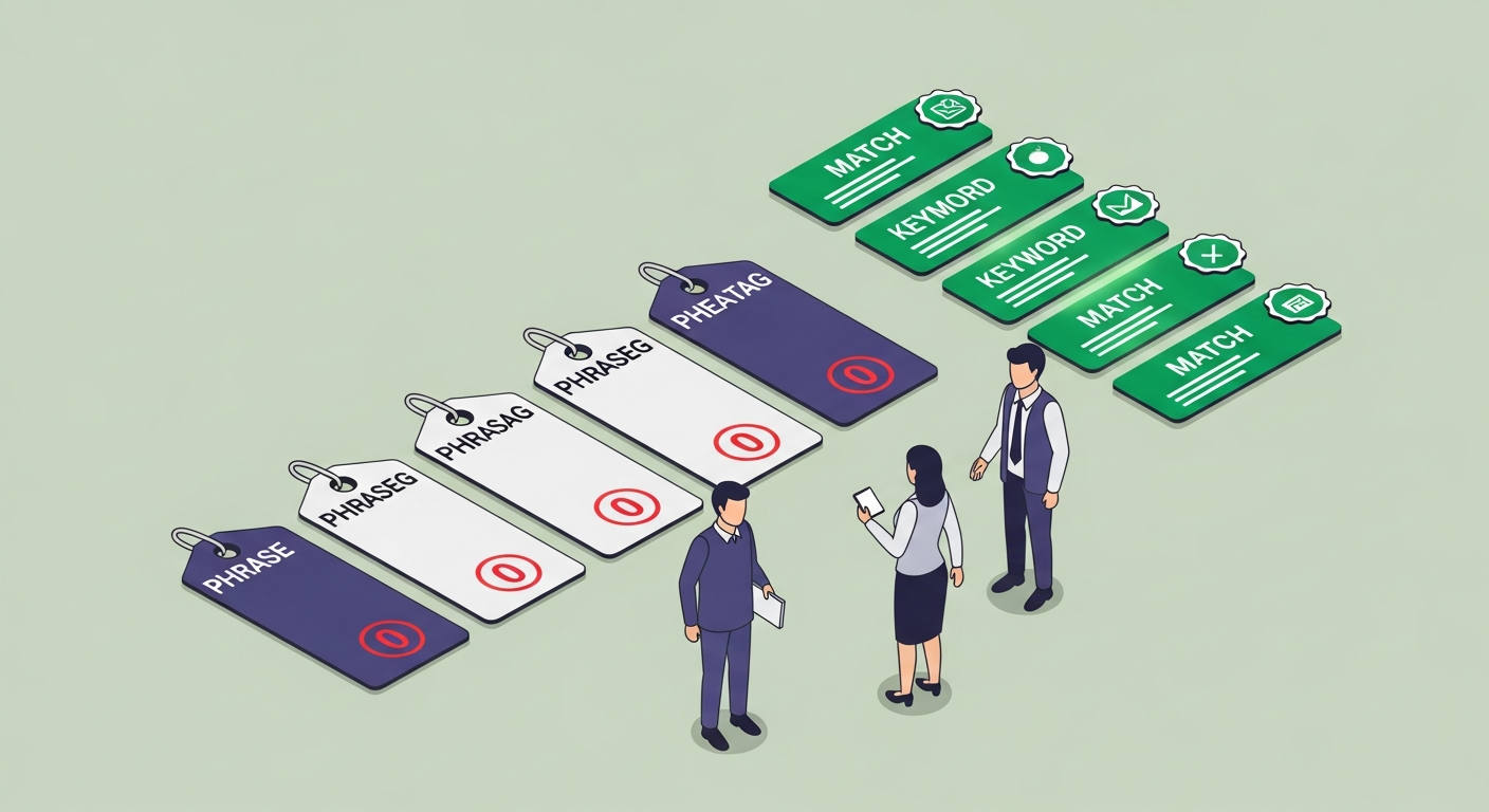 The phrases that score zero on every ATS — five document fragments with a red zero-score stamp