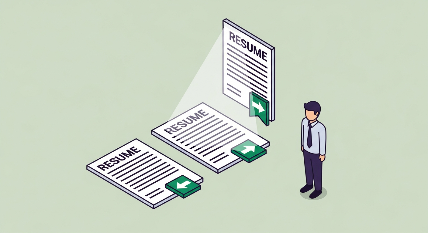 Flat isometric illustration of a resume document with a spotlight on the top objective section