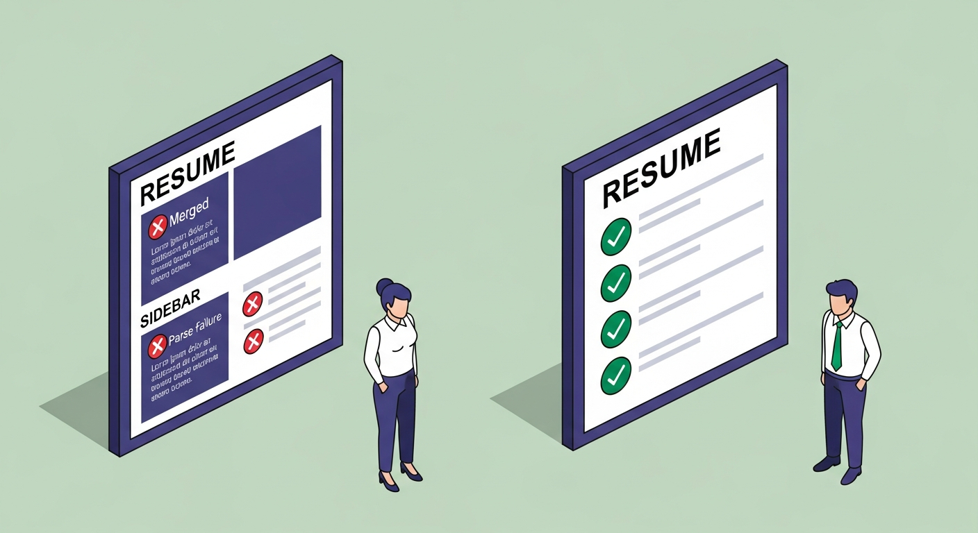 Two resume documents side by side showing a two-column layout with parse failure badges versus a single-column layout with green match badges