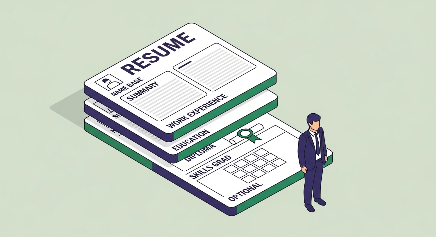 Resume blueprint with six labeled section cards stacked in correct vertical order for the reverse chronological format