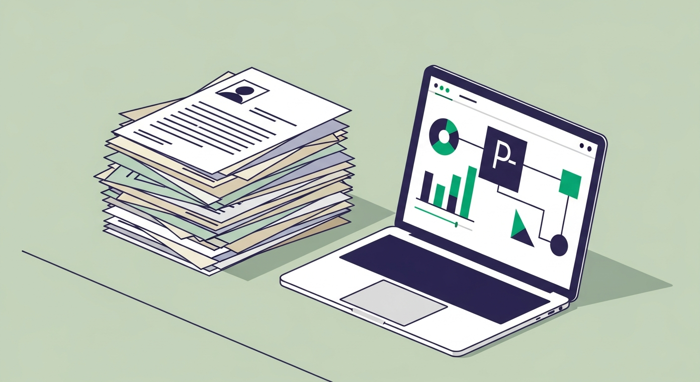 Paper resume stack from the 1970s next to a modern laptop showing a document parser screen