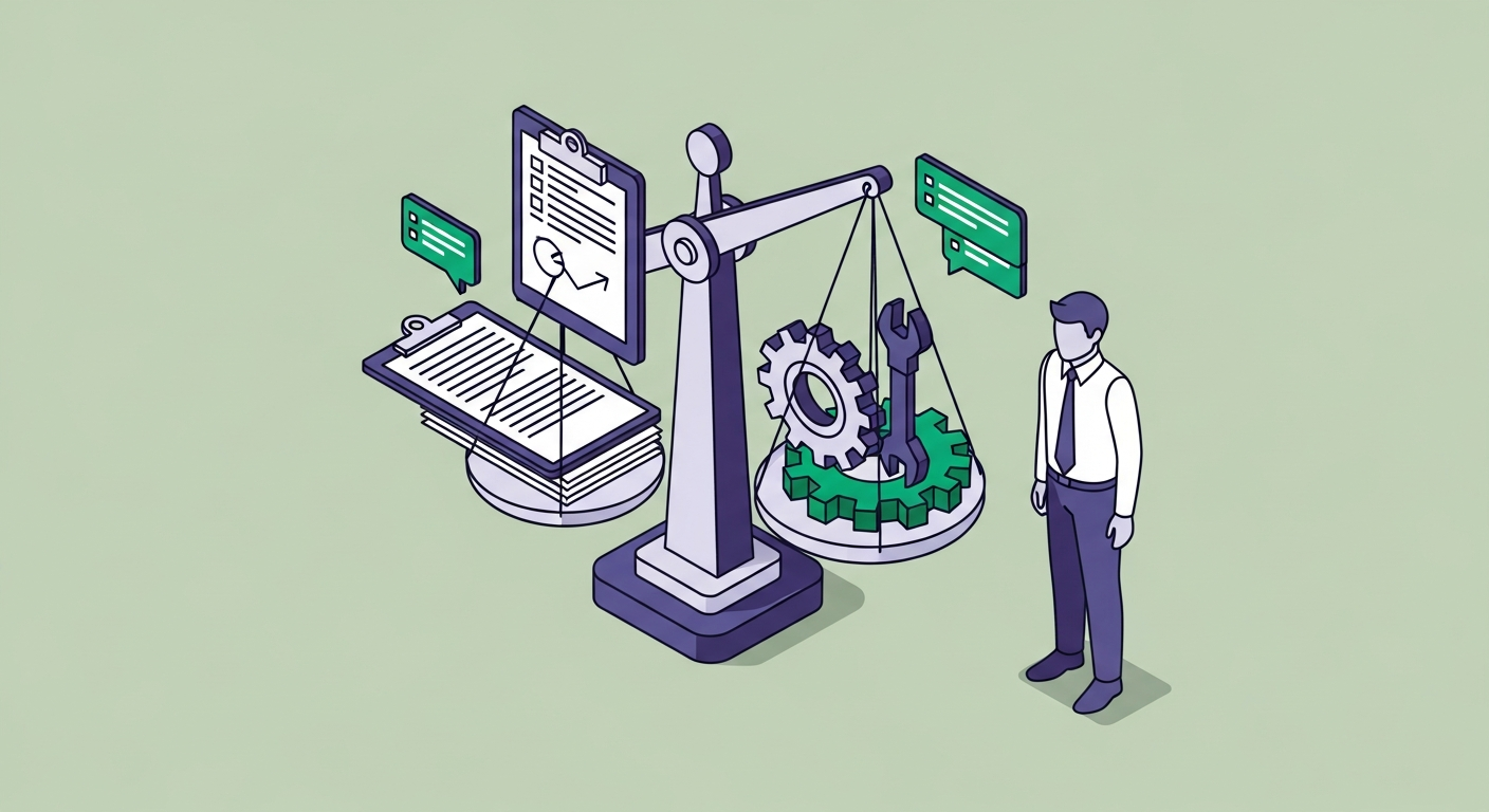 Soft skills vs hard skills — a balance scale with a clipboard stack on one side and a gear stack on the other